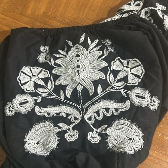 Knox Rose Womens SZ M Boho Black 3/4 Embroidered Puff Sleeve Ruffle Dress Summer - Picture 15 of 15